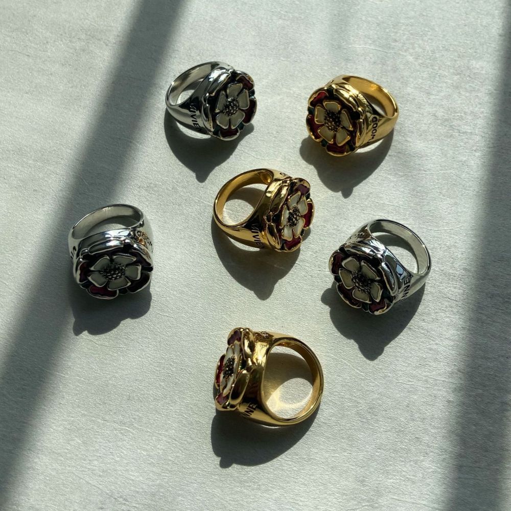 Tudor Enamel Rose Pattern Ring Copper Plated Gold Middle-Aged Revival Style Floral Design Women's Jewelry Accessories