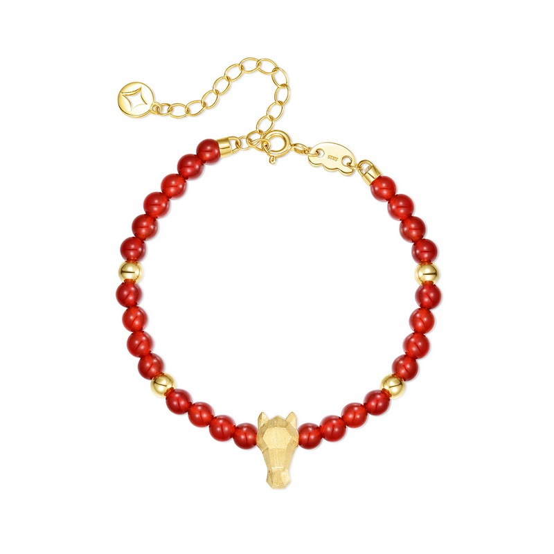 S925 Sterling Silver Handcrafted Brushed Zodiac Horse Plated 10K Real Gold Red Agate Beaded Bracelet Three-in-One Design Jewelry