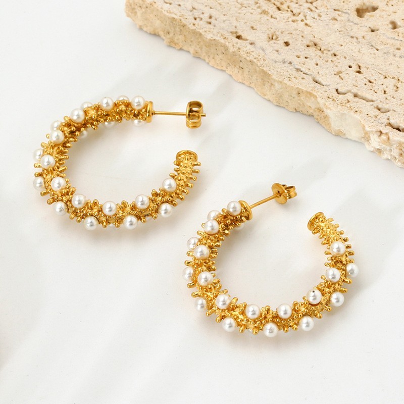 Exaggerated C-Shape Earrings Ins Luxury Bead Embedded Gold Plated Stainless Steel Waterproof Women's Jewelry Fashion Accessories