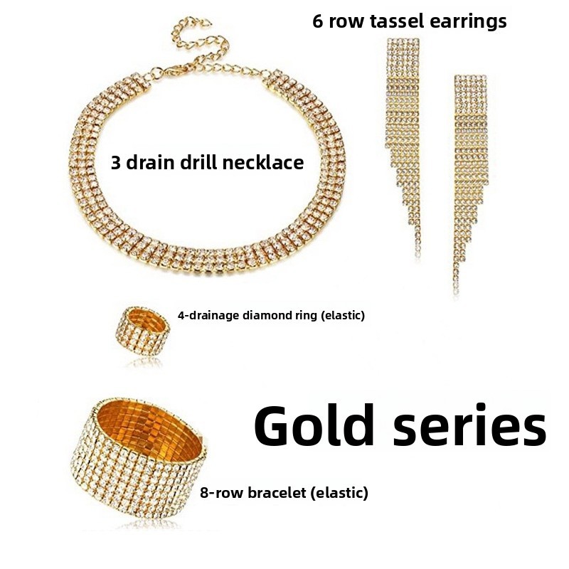 Full Diamond Claw Chain Necklace Bracelet Ring Earrings Four-Piece Set Geometric Women's Jewelry Accessories
