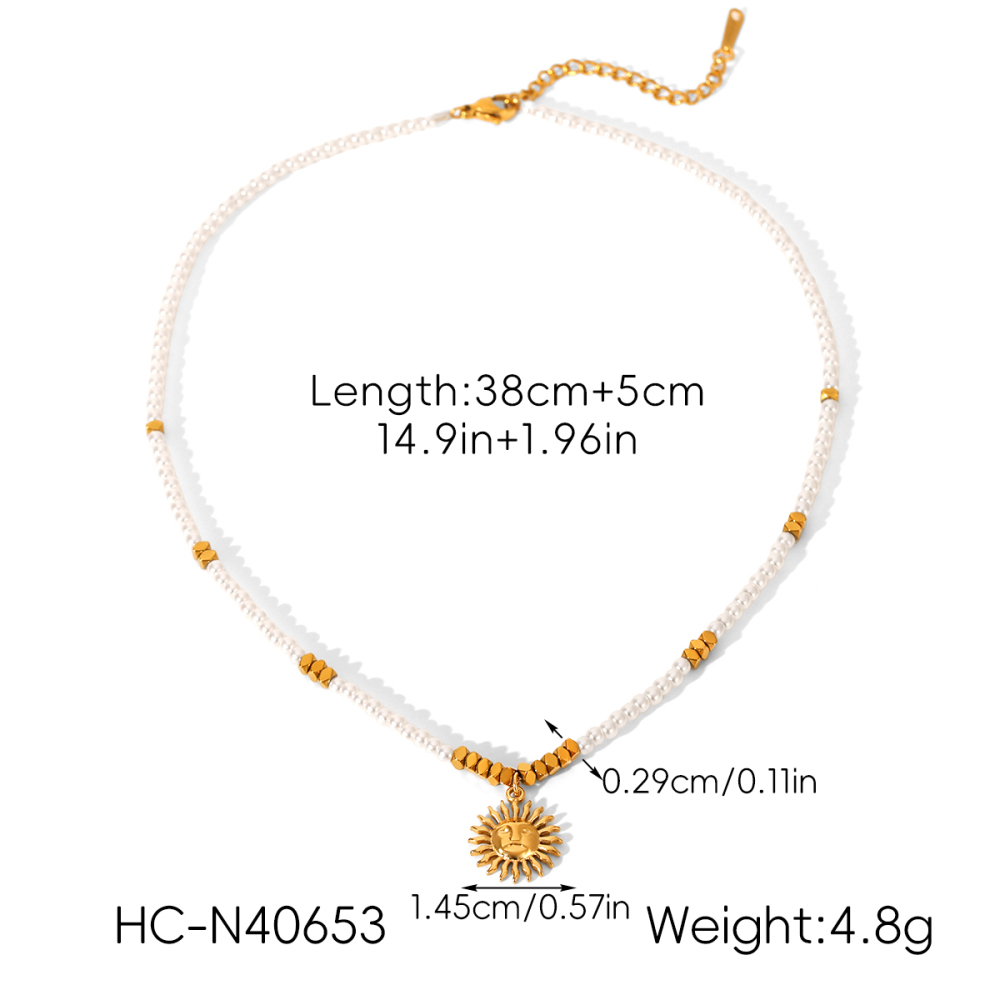 Jewelry Pearl Chain 304 Stainless Steel Sunflower Pendant Necklace For Women High-End Accessories Fashionable Necklace Vacuum Electroplated 18K Gold Plated INS Style Elegant Beaded Lobster Clasp