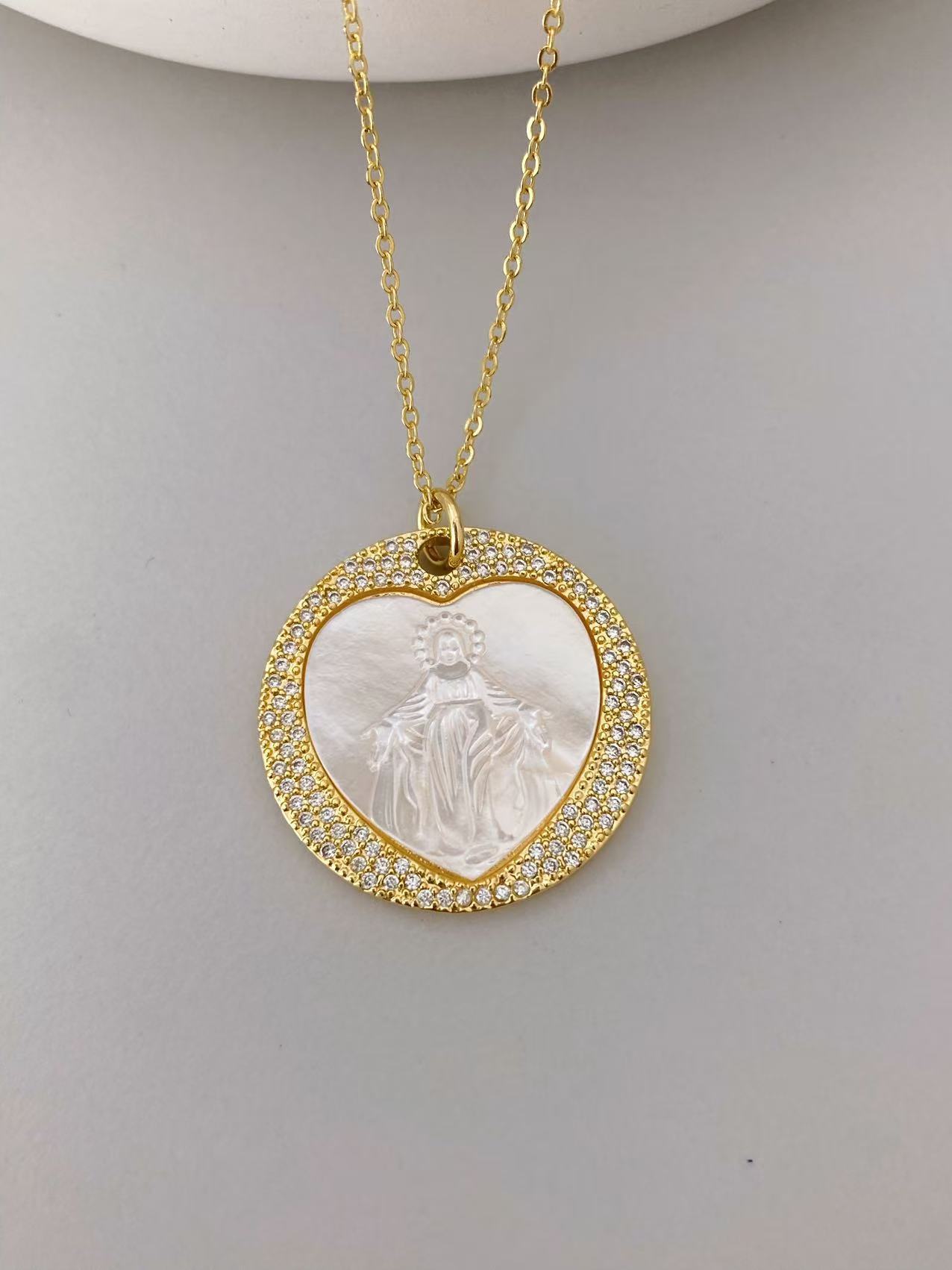 New Zircon White Mother-of-Pearl Guadalupe Pendant Women's European Style Jewelry Accessories Geometric Pattern Electroplated