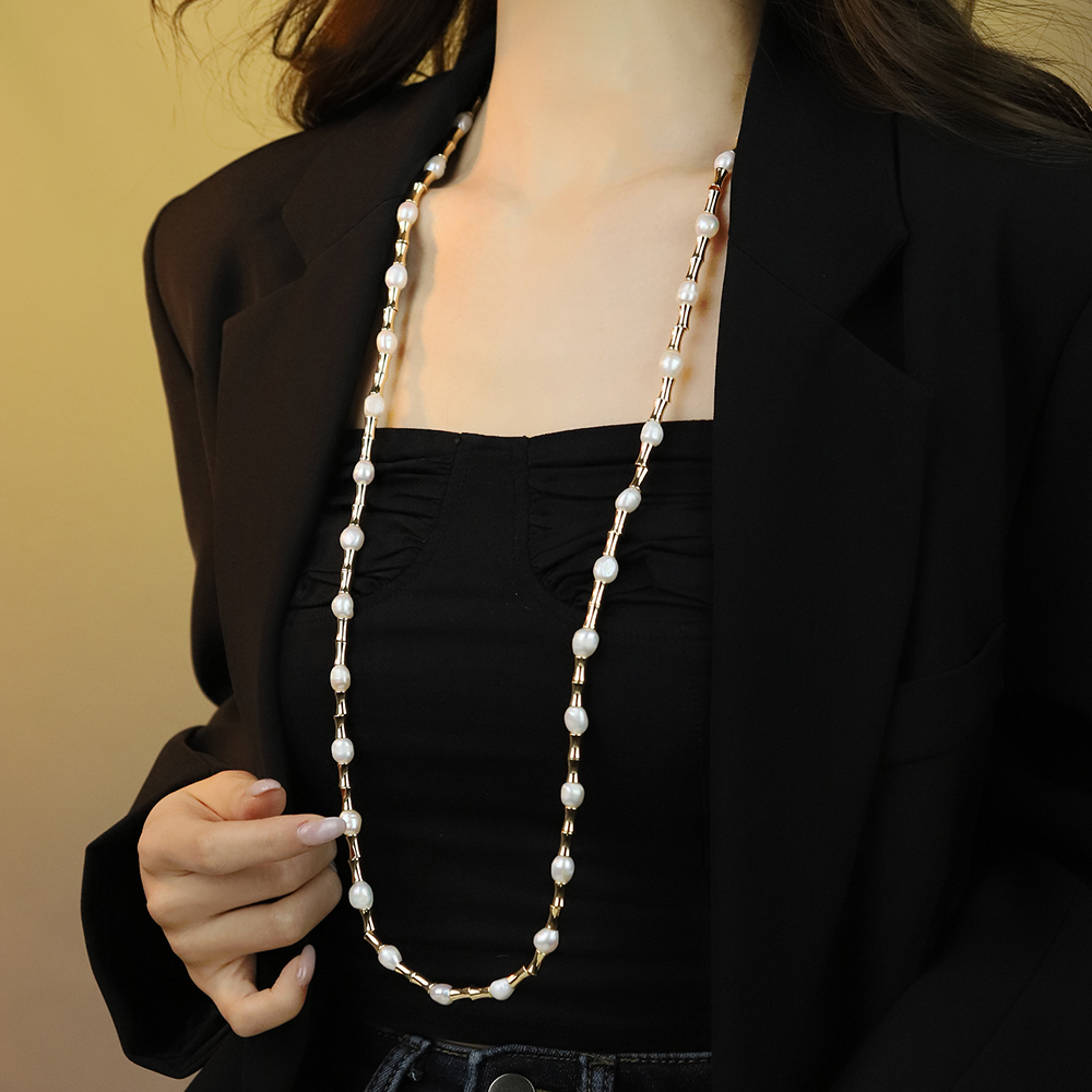 Natural Freshwater Pearl Necklace Bracelet Set Metal Double Layer Bamboo Node High-End Jewelry Accessories For Women