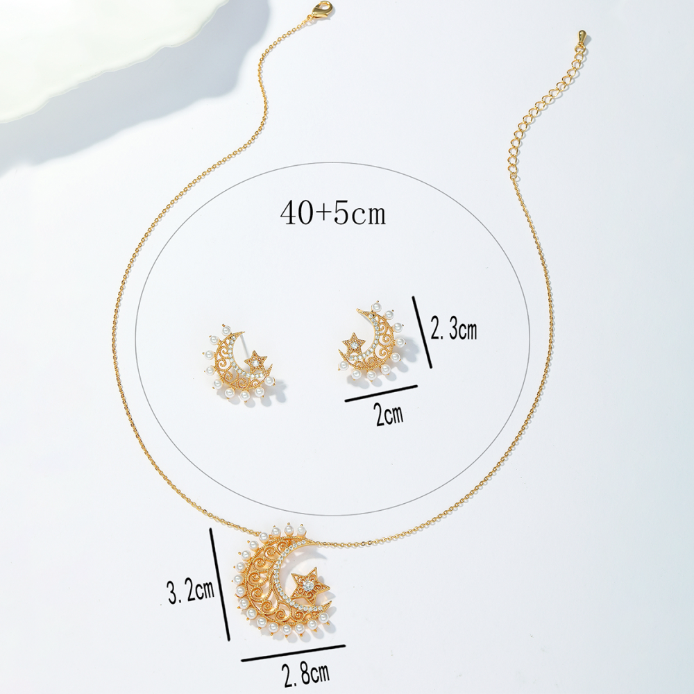 2-Piece Set Copper Inlaid Zircon Ramadan Middle Eastern Star Moon Hollow Flower Ethnic Style Niche Art Women's Earrings Pendant Suitable For Gift Wedding Engagement Banquet Jewelry Accessories