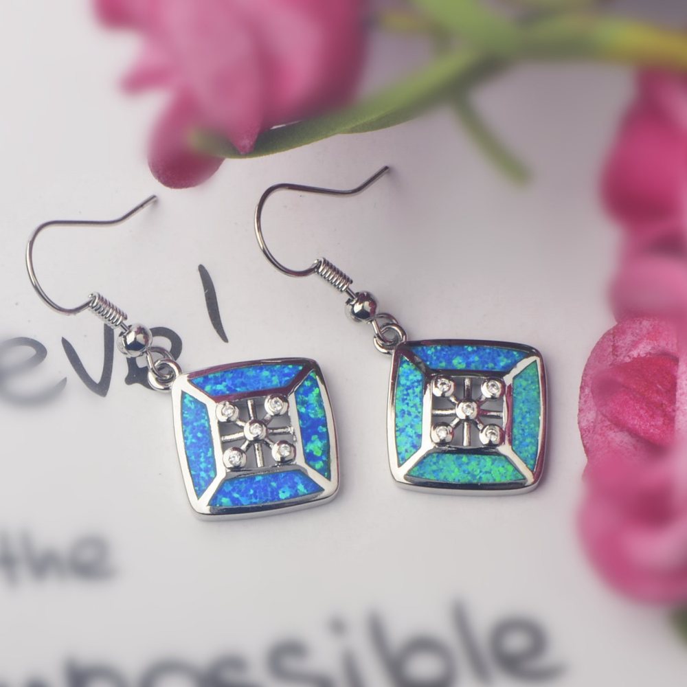 Hawaii Blue Women's Opal Earrings Simple Diamond Shape TikTok Ins European Style Jewelry Accessories Geometric Pattern Copper