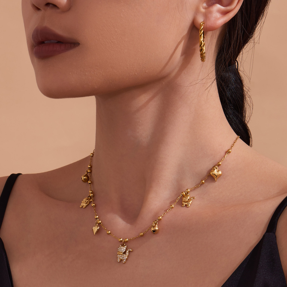 Stainless Steel Cat Zircon Necklace Bracelet DIY Multi Pendant Heart Bell Luxury Versatile Jewelry Accessories Elegant Romantic