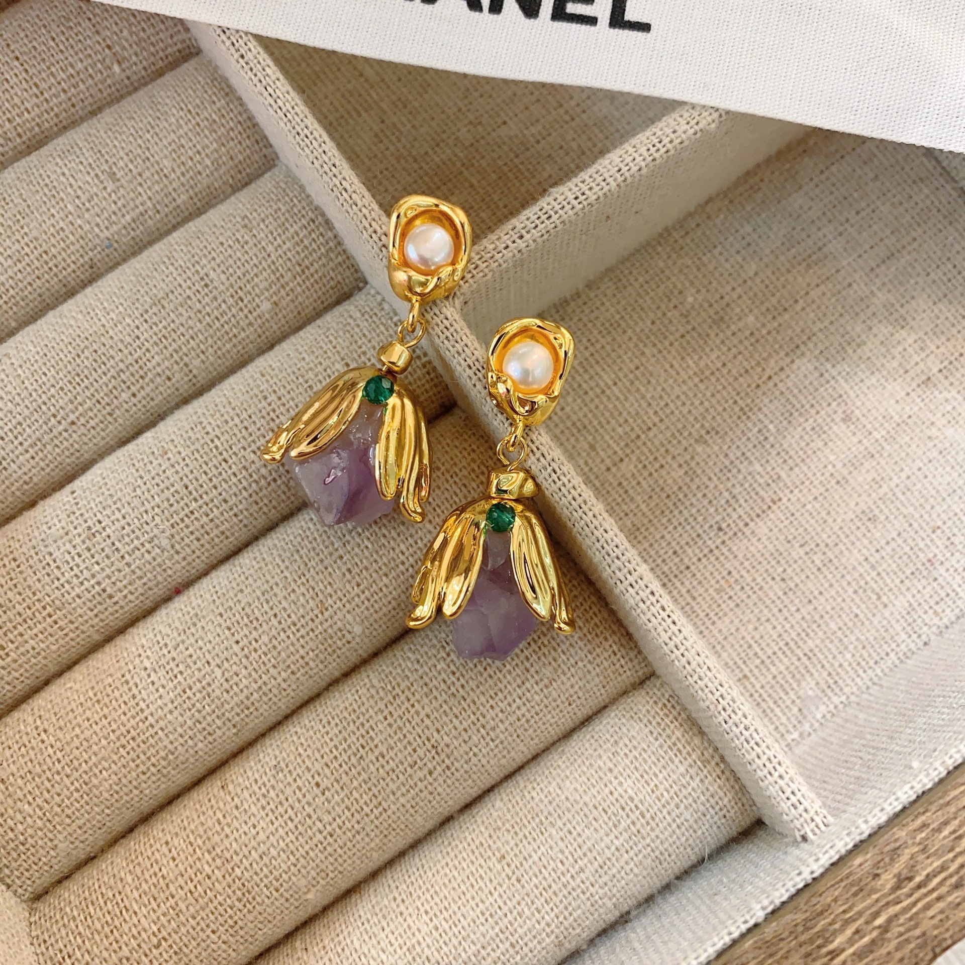 Retro Purple Crystal Stone Earrings Bohemian Style Floral Print Vintage Feelings Women's Jewelry Accessories Ear Cares