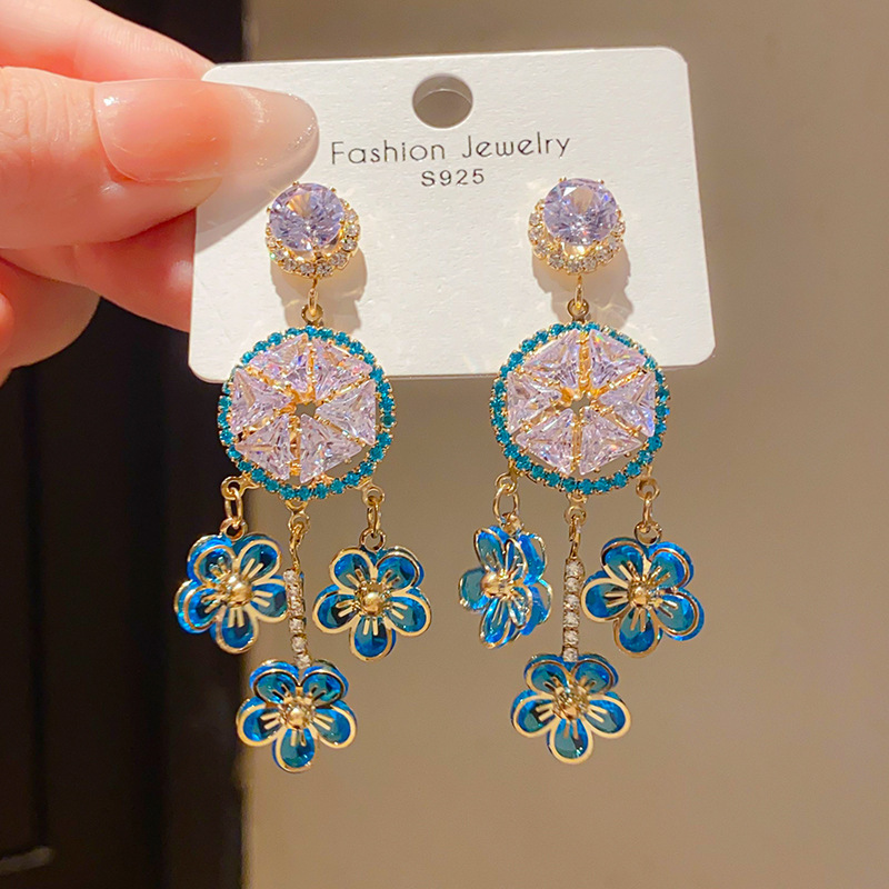 Fashionable French Vintage Silver Needle Zircon Flower Tassel Earrings Luxury Feelings Women's Jewelry Accessories