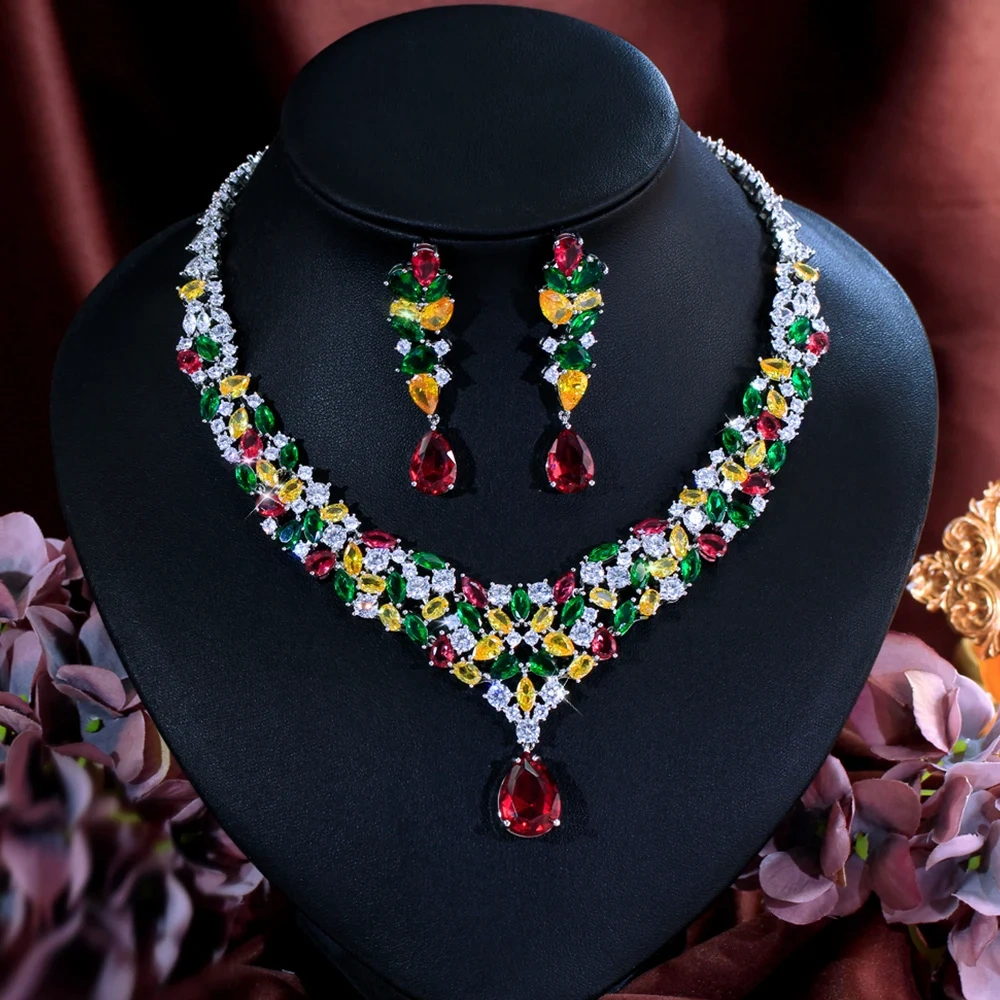 Copper Colorful Cubic Zirconia Necklace And Earrings Two-Piece Set Luxurious Water Drop Shaped Jewelry Set Suitable For Women Bridal Party Banquet Wedding Wear
