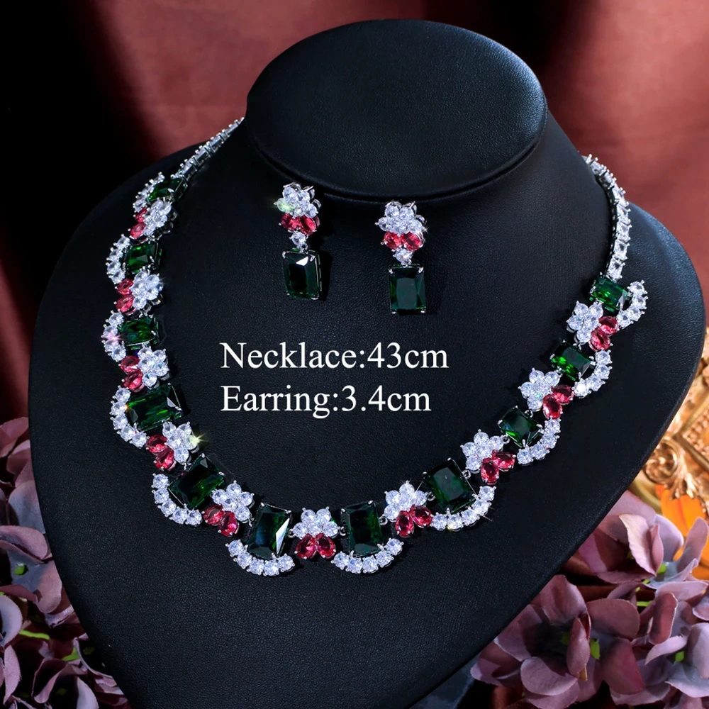 Two-Piece Copper Jewelry Set Vintage Multicolor Cubic Zirconia Luxurious Oversized Necklace And Earrings Set Suitable For Women Bridal Party Wedding Decoration Jewelry