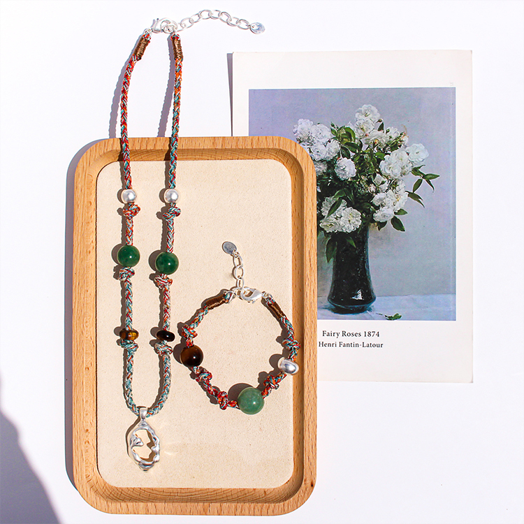 Handmade Colorful Beaded Natural Stone Necklace Liquid Silver Pendant Tiger Eye Stone Bracelet For Ladies Beach Vacation Style Accessories