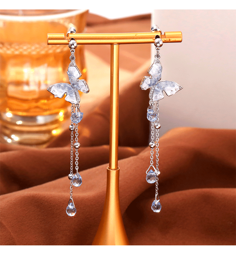 Luxurious Gradient Crystal Butterfly Waterdrop Tassel Earrings Fashion Sweet Personality Round Face Women's Jewelry Accessories