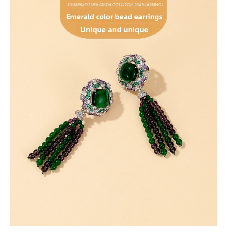 Retro Chinese Style Tassel Earrings 18K Gold Plated Emerald Handmade Beaded Fashion Personality Women's Jewelry Accessories