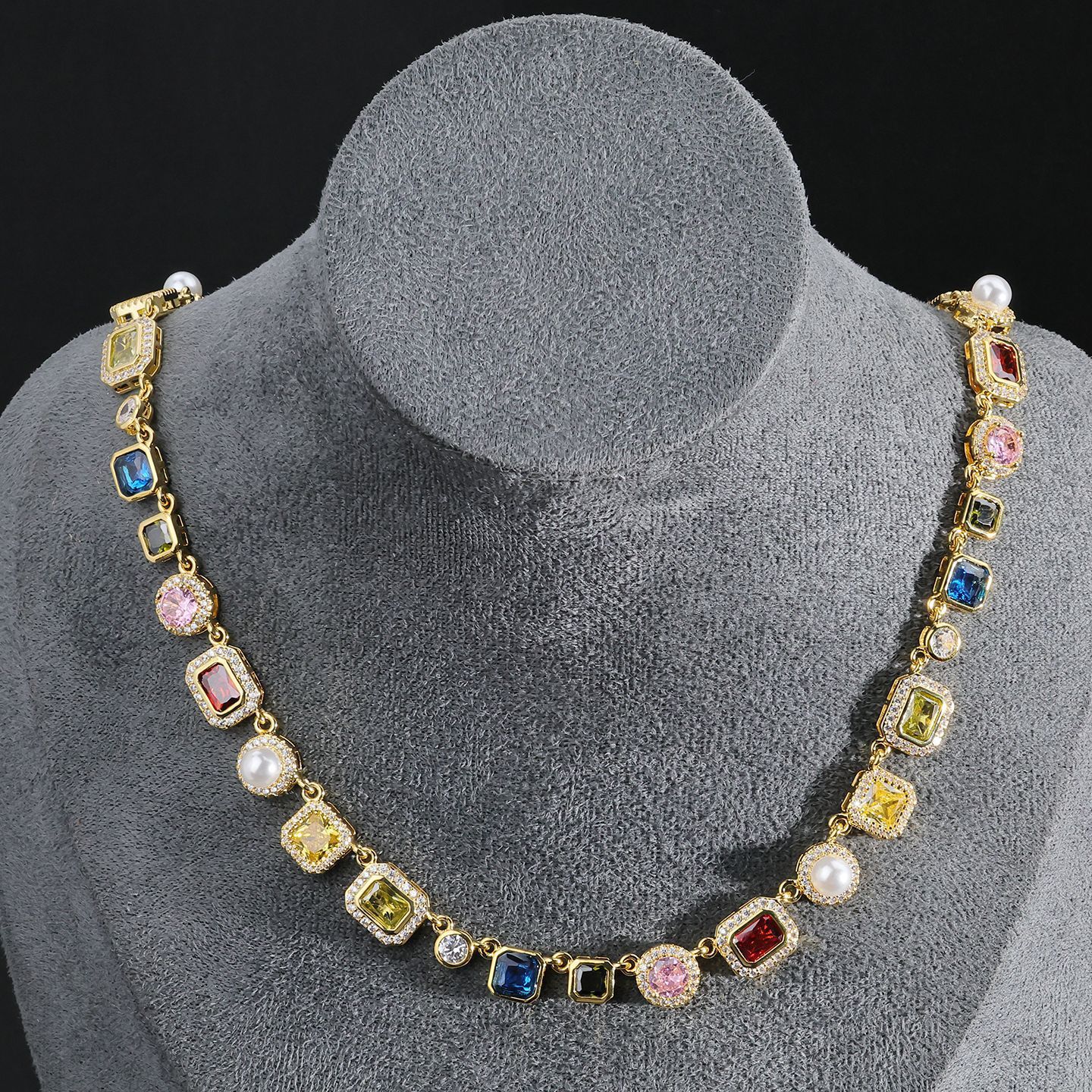 Fashion Chain Necklace Multi-Color Cubic Oxidized Zirconia Gemstone Enamel Pattern Mix Color Hip Hop Jewelry Accessory