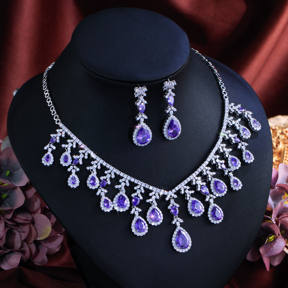 Luxurious Purple Zircon Copper Jewelry Set Necklace And Earrings Wedding Dress Accessories For Women Suitable For Weddings Or Banquets