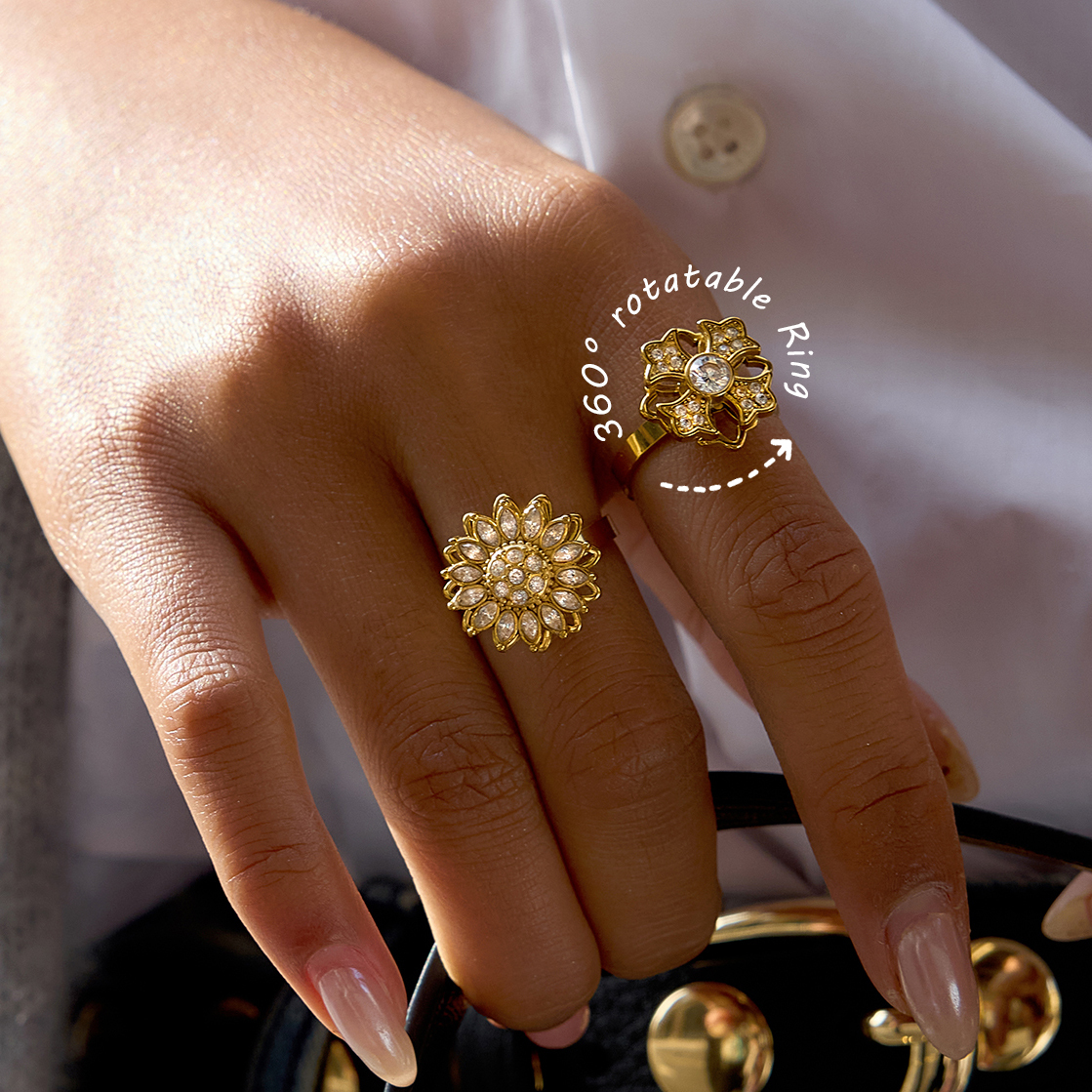 Women's Classic Style / 18K Gold 304 Stainless Steel With Rhinestone Flower Cross Rotatable Open Ring Geometric Asymmetric Mixed Color Vacuum Electroplated Zircon