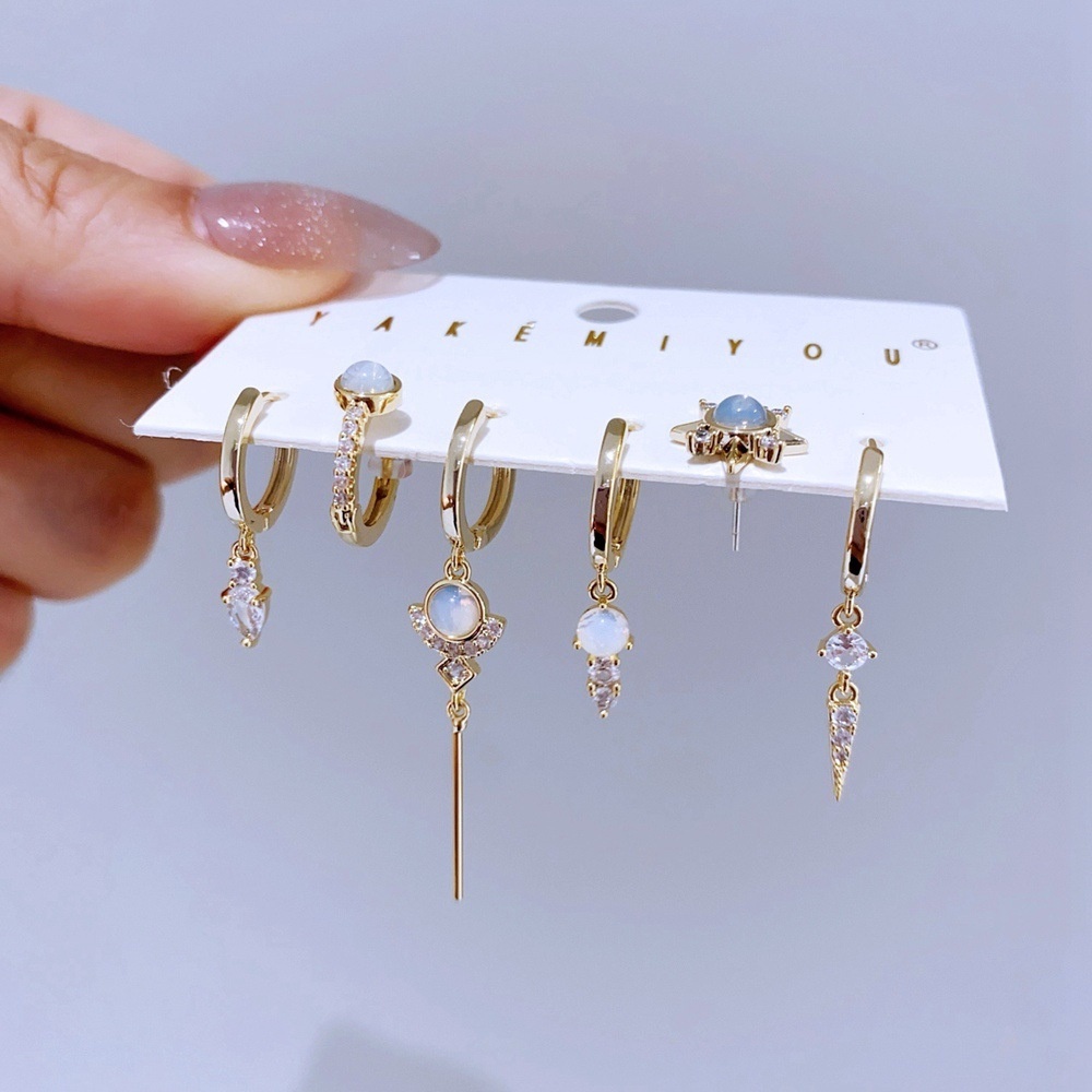 Moonstone Geometric Zircon Earrings Set Fashion 6-piece Set Ladies Copper Material Pendant Earrings Jewelry Accessories