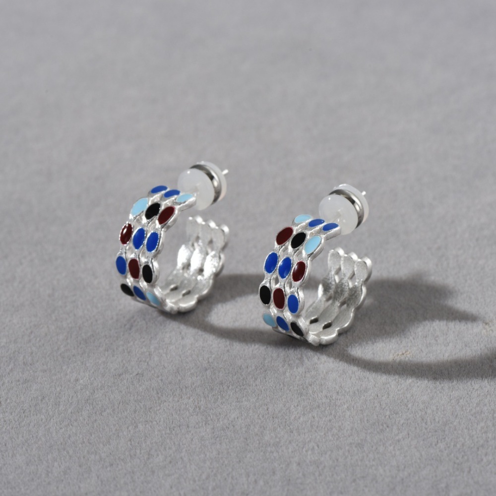 Elegant Hollow Out C-Shaped Drip Glaze S925 Silver Needle Stud Earrings Retro Unique Fashion Women's Jewelry Accessories