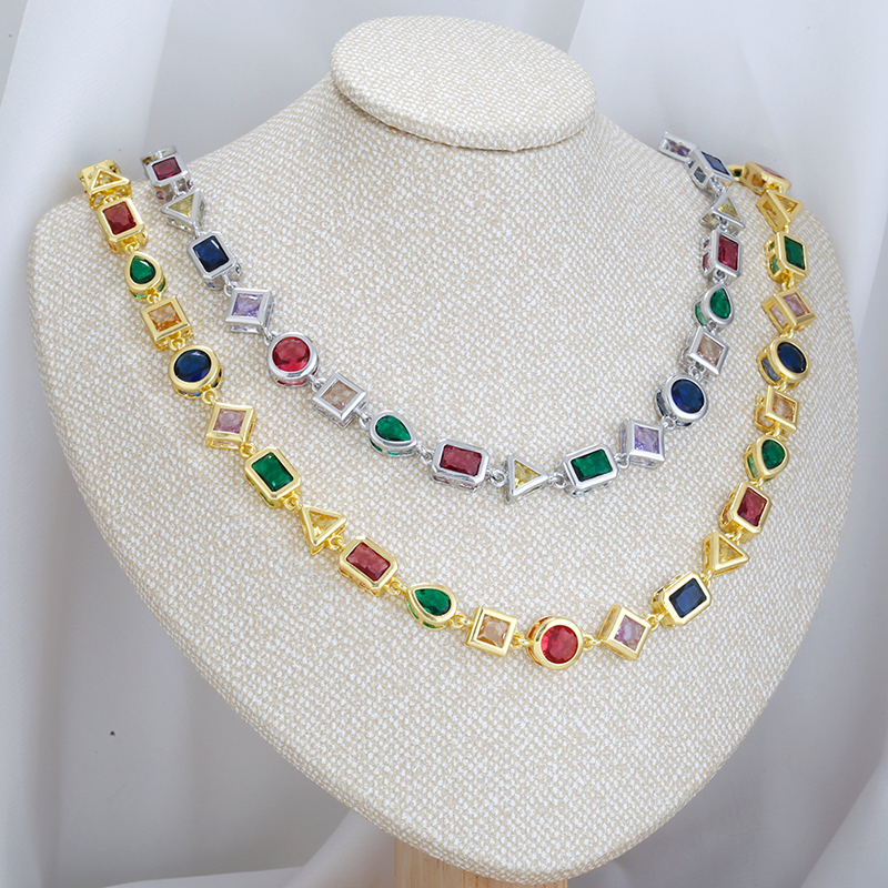 Luxury Personalized Geometric Color Diamond Inlaid Copper Bracelet Necklace Set Elegant Triangular Circular Square Waterdrop Shaped Jewelry Accessories For Women