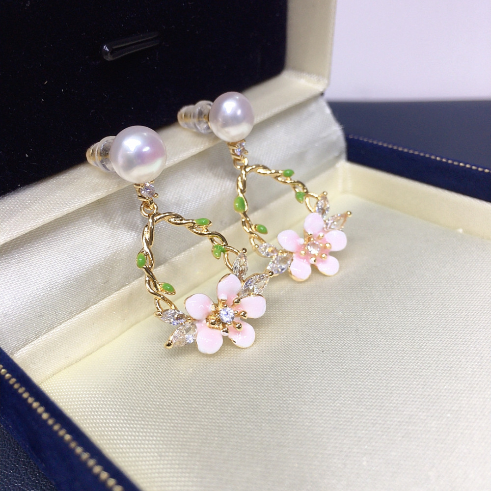 Natural Freshwater Pearl Earrings Women's Elegant Pink Flower Zirconia Studs Wedding Jewelry Fashionable Pearl Accessories