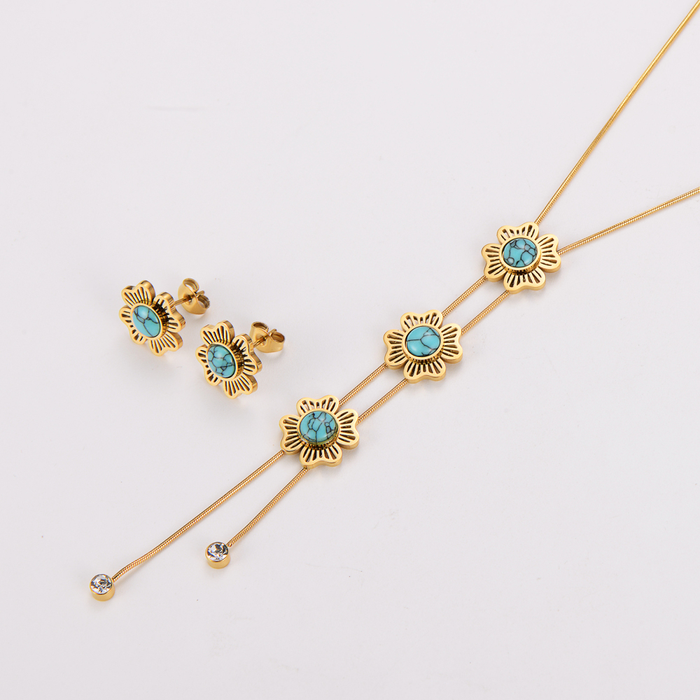 AML Retro Niche Diamond-Studded Ethnic Style Stainless Steel Flower Turquoise Necklace And Earring Set For Women, Light Luxury Elegant Versatile Accessories