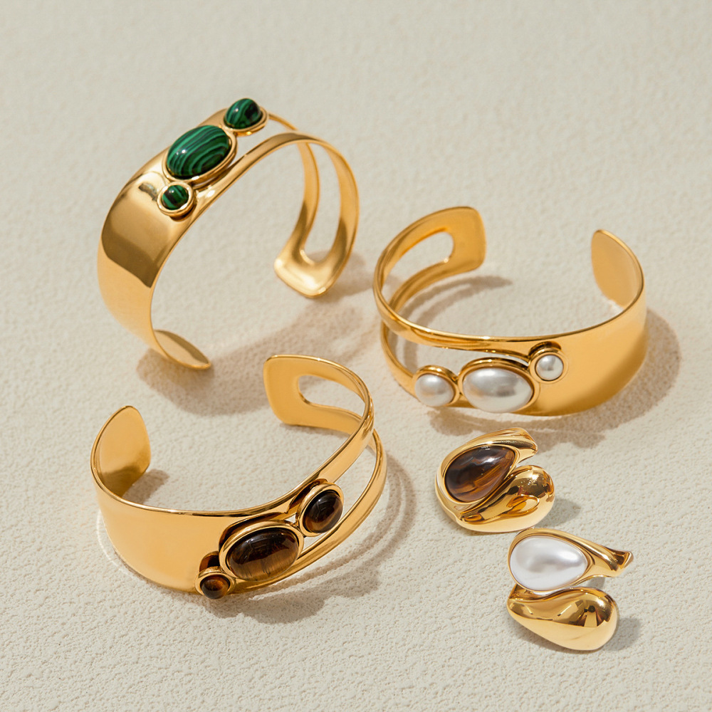 Natural Stone Hollow Titanium Steel Open Bracelet Women Non-Fading Jewelry Stainless Steel Ring Best-selling Accessories