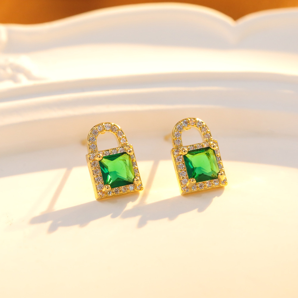 Elegant Women's Green Zircon Studs Fashionable Silver Lock Earrings Luxury Geometric Pattern Copper Jewelry Accessories