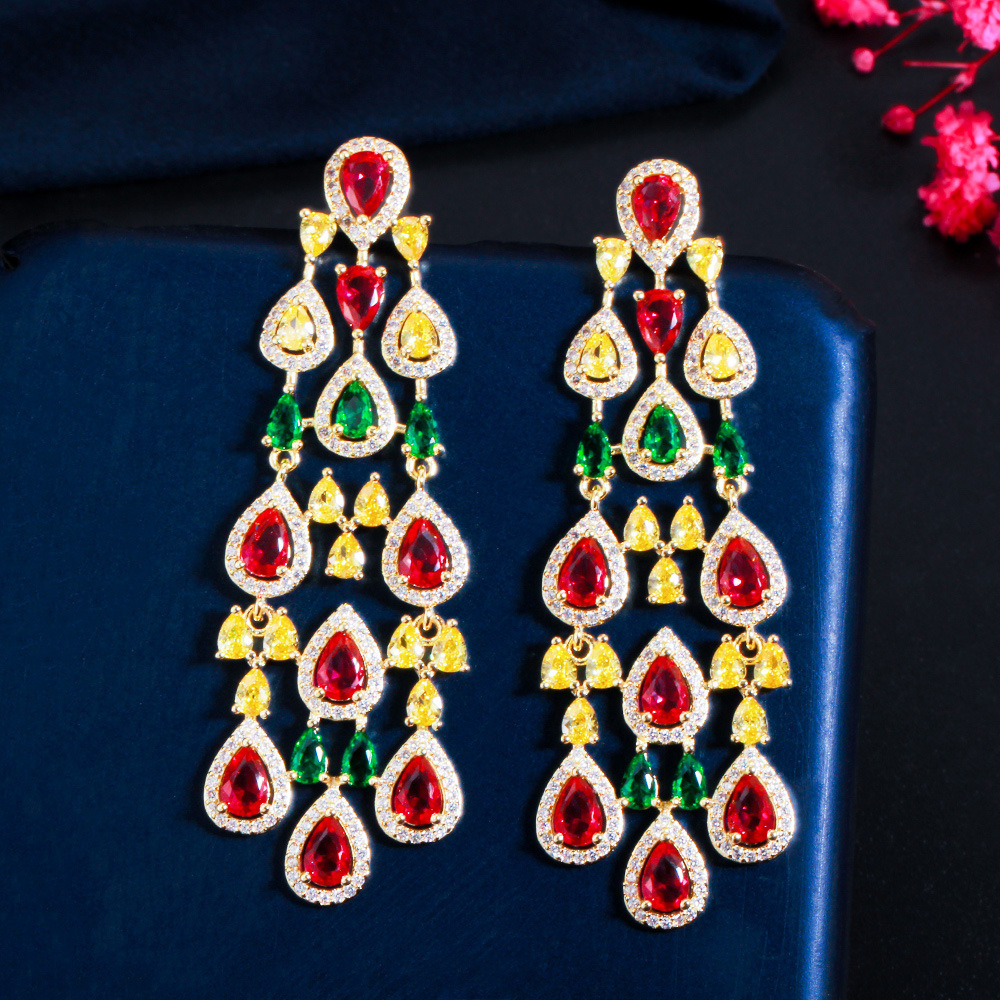 1 Pair Copper Style Earrings S925 Silver Needle Micro Inlaid Cubic Zirconia Stone Earrings Colorful Long Tassel Earrings  Fashion Show Banquet Dress Accessories Suitable For Women To Wear On Dates Or Banquets