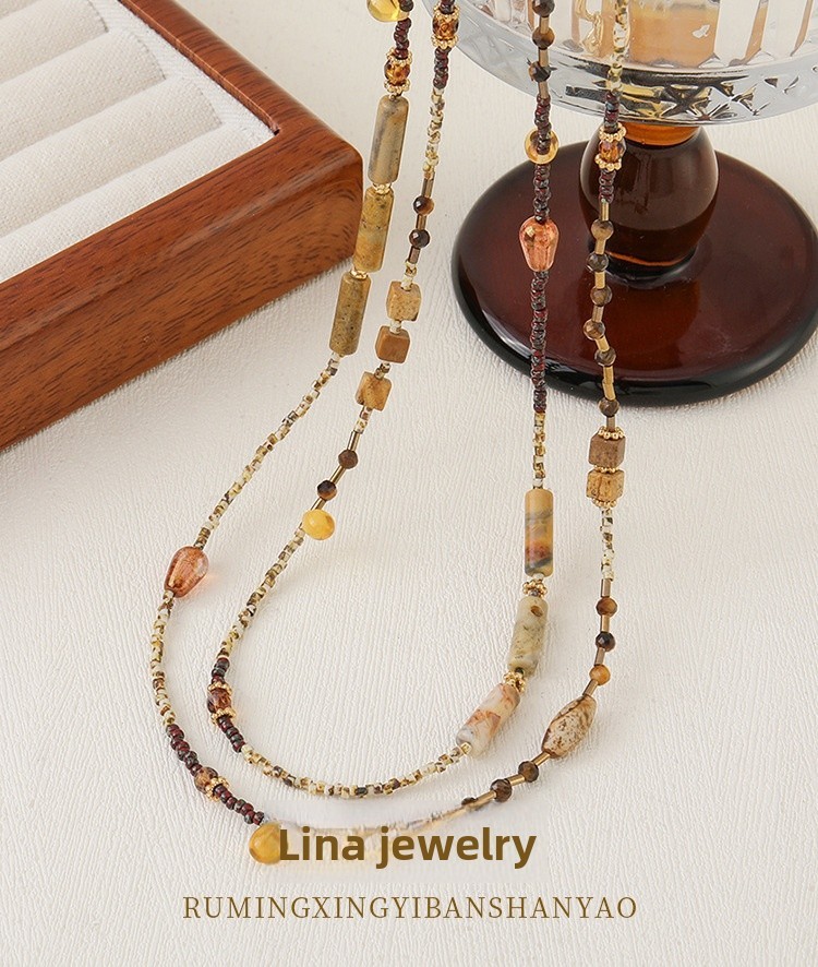 Ins Style Natural Stone Beaded Necklace Non-fading Sweater Chain Women's Vintage Accessories Autumn Winter Tiger Eye Stone Jewelry