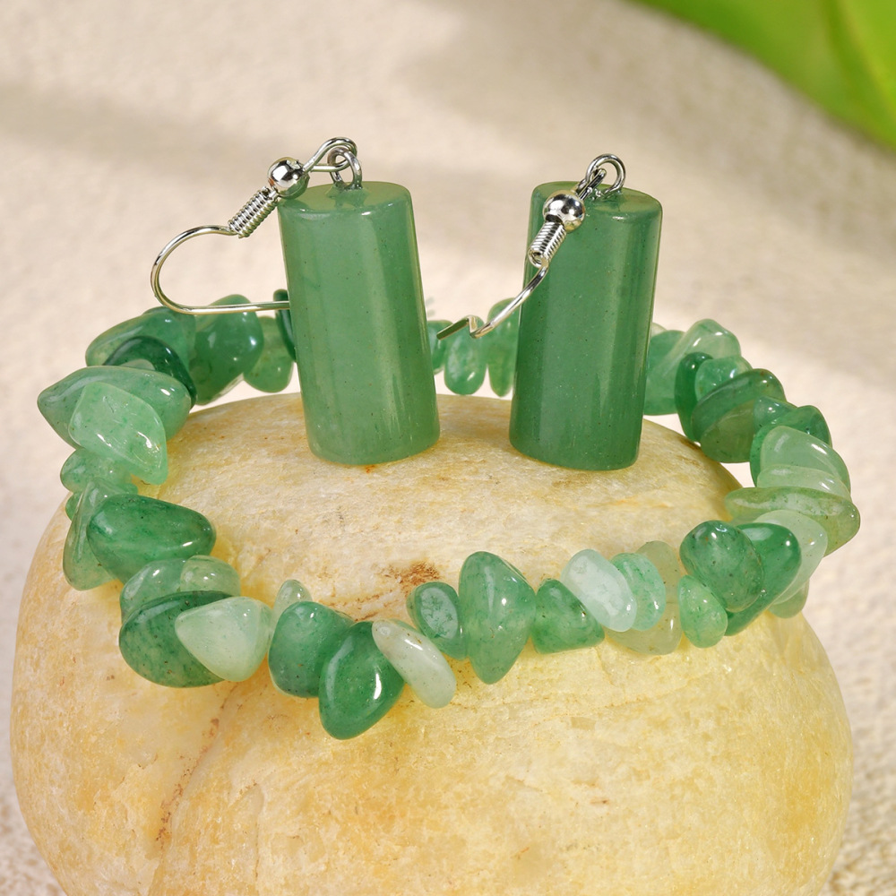 Chinese Style Natural Stone Crystal Beaded Necklace Women's Jewelry Set Green Dongling Earrings Bracelet Geometric Pattern Fashion Accessories