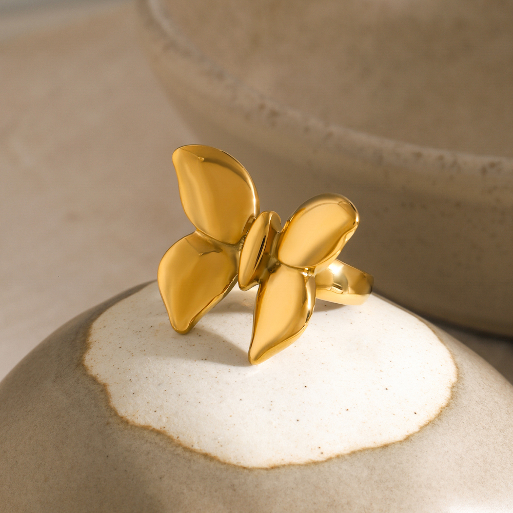 18K Gold Plated Stainless Steel Smooth Butterfly Ring Size 7 Vacuum Electroplating Butterfly Pattern Real Gold Coating