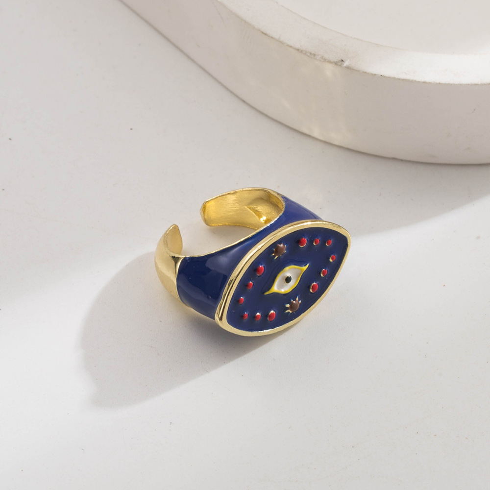 Three-Piece Devil's Eye Series  Copper Plated Gold Drip Oil Flower Tree Adjustable Open Rings Accessories