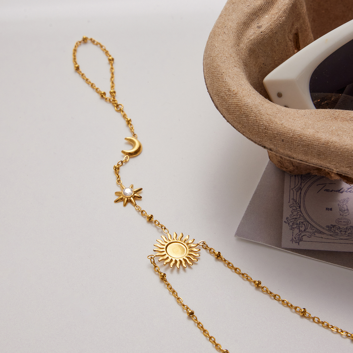 Ladies Classic Style 18K Gold Stainless Steel Bracelet With Sun Moon Star Beads Interlocking Finger Design Diamond Encrusted