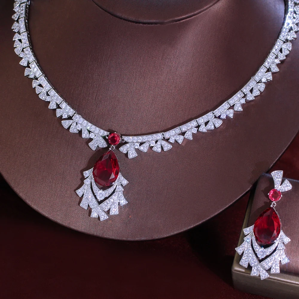 2-Piece Copper Jewelry Set Luxurious Red And White Cubic Zirconia Necklace And Earrings Set For Women Bride Elegant Wedding Banquet Jewelry Set