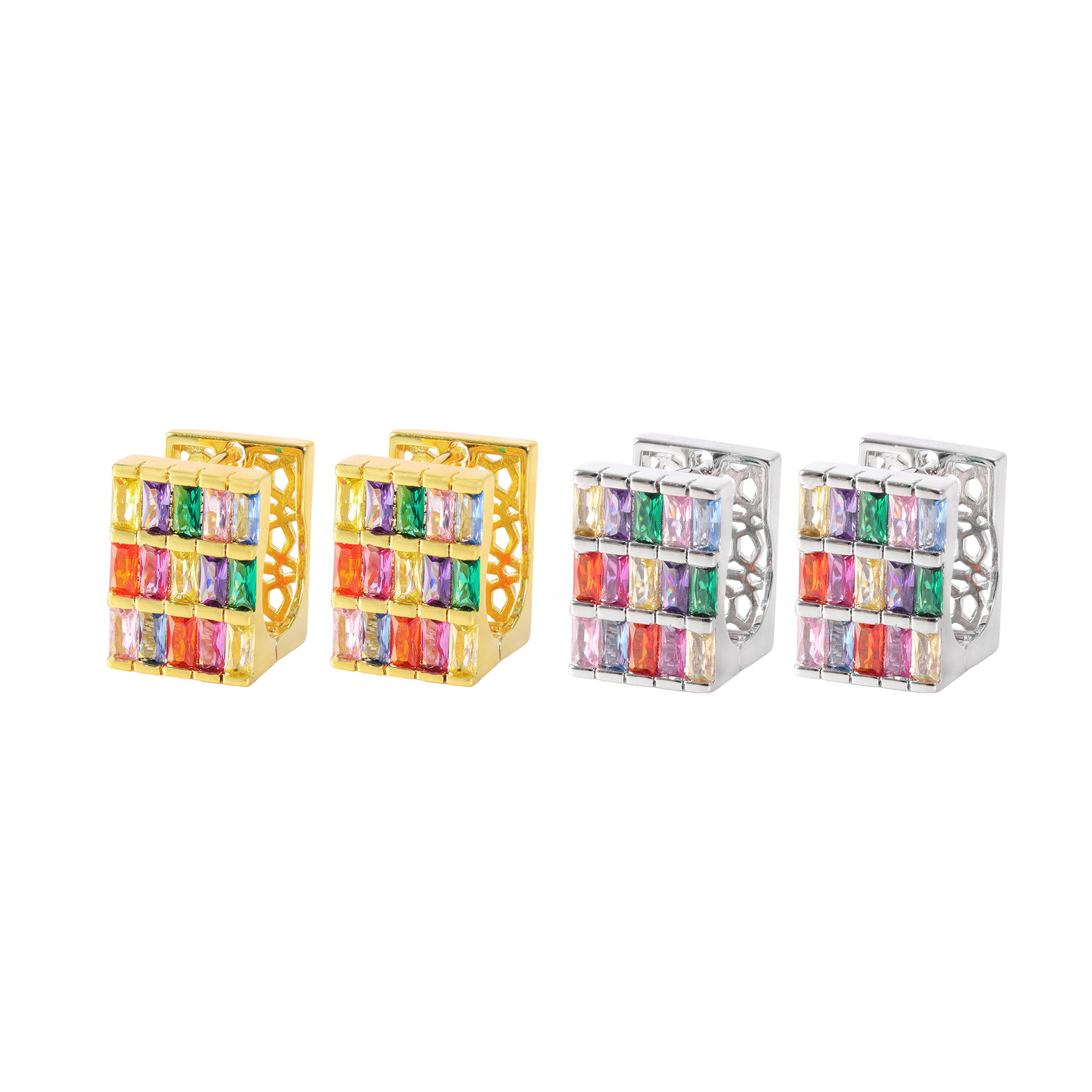Elegant Geometric Pattern Zircon Earrings Colorful Square Heavy Work Gold Plated Luxury Women's Fashion Jewelry Accessories