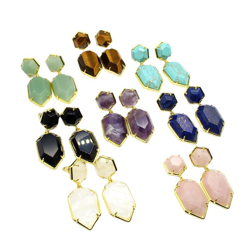 Luxurious Natural Stone Crystal Earrings Plated 24K Gold Women's Small Accessories Geometric Pattern Exaggerated Style