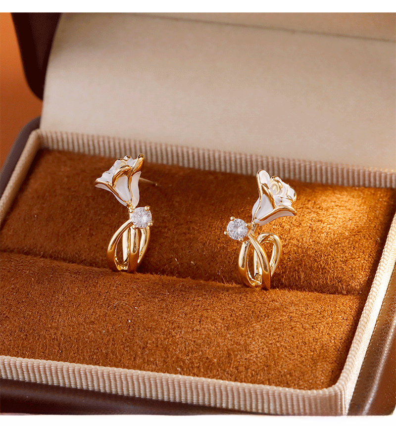 Elegant White Rose French Style Earrings Unique Design Sensation Small Audience Trendy Flower Craft With Zirconia Women's Jewelry