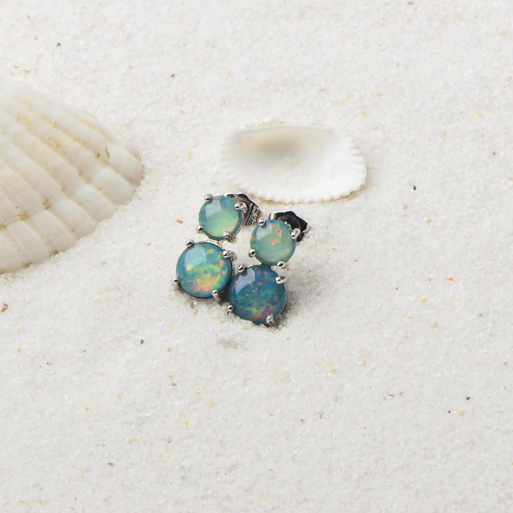 Cute Girl's Blue Opal Round Earrings Bohemian Style Flower Print Copper Jewelry Simple Craftsmanship Elegant Fashion Accessories