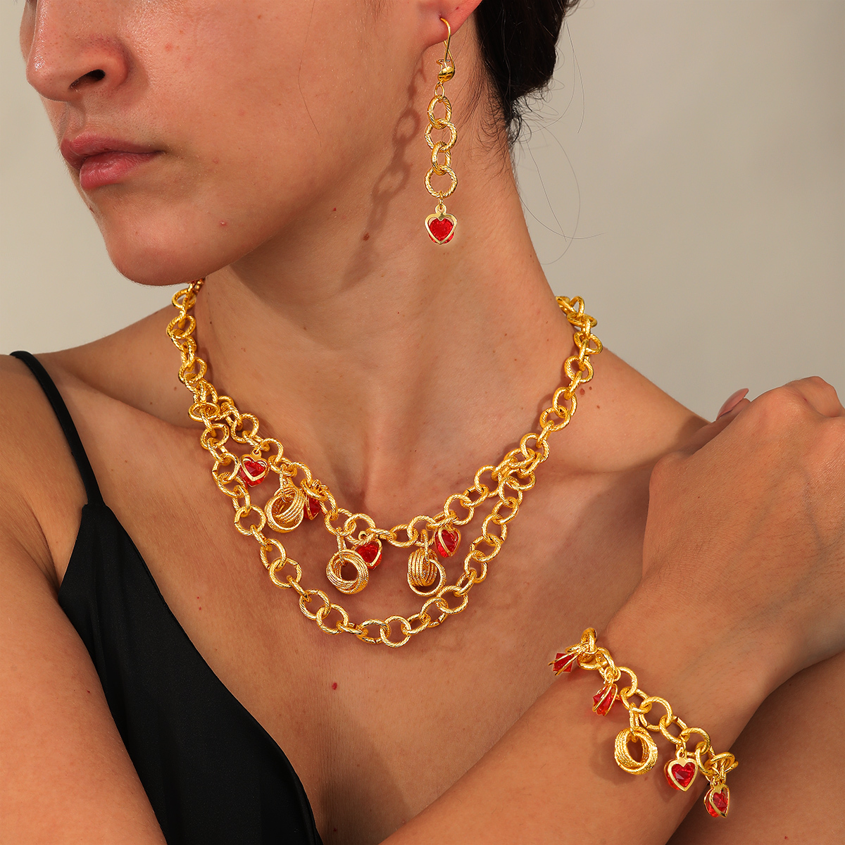 3-piece Set Copper Material Vintage Elegant Exquisite Red Women's Earrings Bracelet Pendant Wedding Banquet Jewelry Accessories