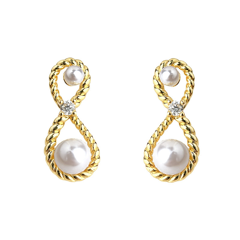 Original Design Thick Plated 18K Gold Mobius Ring Pearl Zircon Earrings Geometric Twist S925 Silver Needle Women's Jewelry