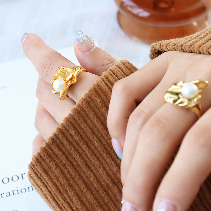 304 Stainless Steel Freshwater Pearl Irregular PVD Coated Freshwater Pearl 18K Gold Plated Fashion Plating Inlay Gold Silver Rings