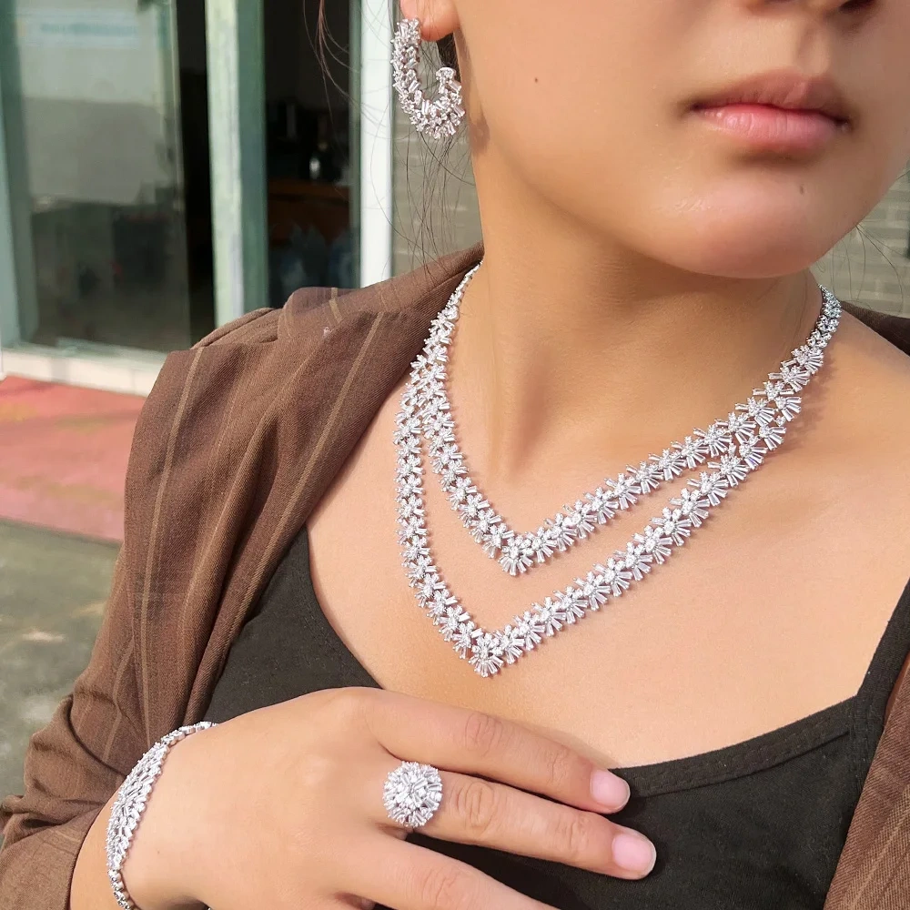 Copper Material Water Plated Rhodium White Gold Inlaid Zircon Snowflake Shape Women's Banquet Jewelry Four-Piece Jewelry Set Tennis Chain (Full Diamond Chain)