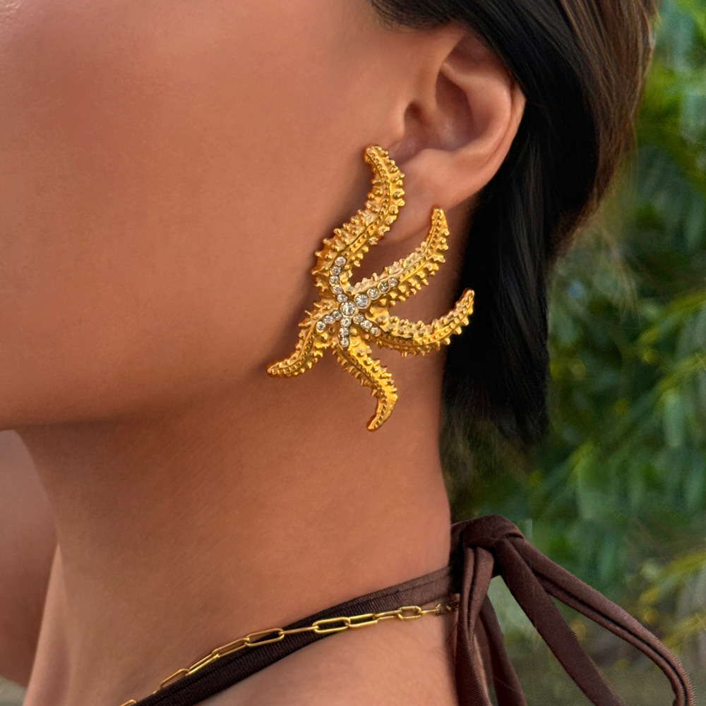 Tropical Starfish Zircon Titanium Plated Steel Earrings Simple Geometric Pattern Elegant Women's Fashion Jewelry Accessories