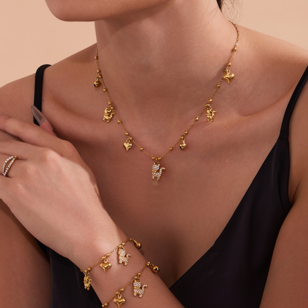 Stainless Steel Cat Zircon Necklace Bracelet DIY Multi Pendant Heart Bell Luxury Versatile Jewelry Accessories Elegant Romantic