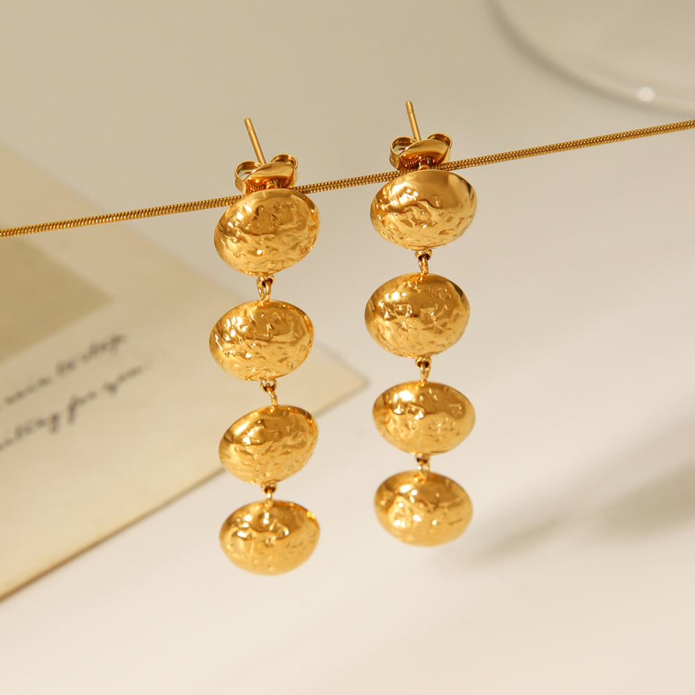 INS Style Round Hammered Pattern Stainless Steel Earrings Tassel Ear Accessories Versatile 18K Gold Titanium Steel Jewelry For Women