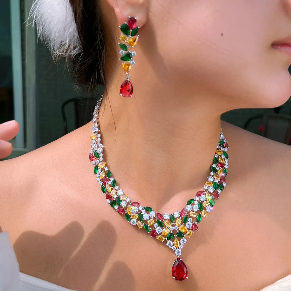 Copper Colorful Cubic Zirconia Necklace And Earrings Two-Piece Set Luxurious Water Drop Shaped Jewelry Set Suitable For Women Bridal Party Banquet Wedding Wear