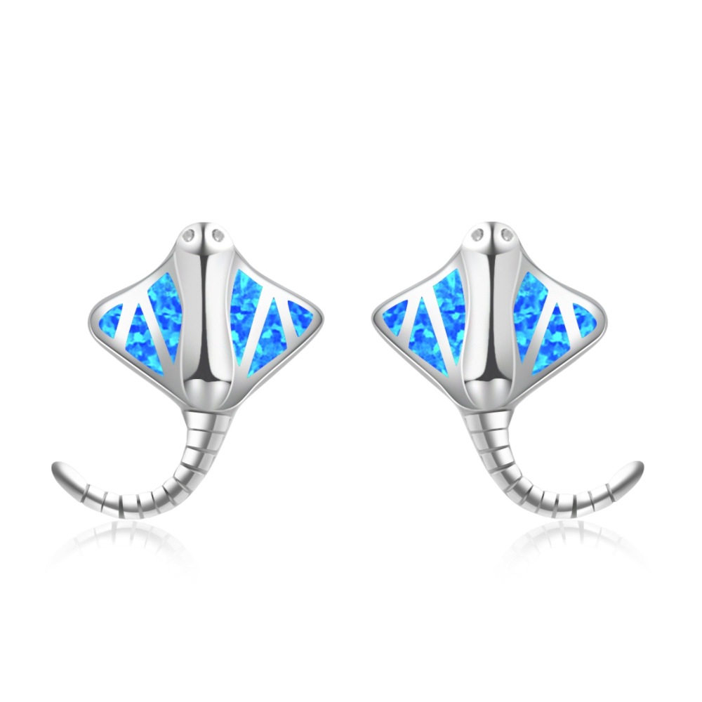Adorable Blue Opal Bat Fish Earrings For Girls Bohemian Style Floral Print Copper Material Simple Design Jewelry Accessories