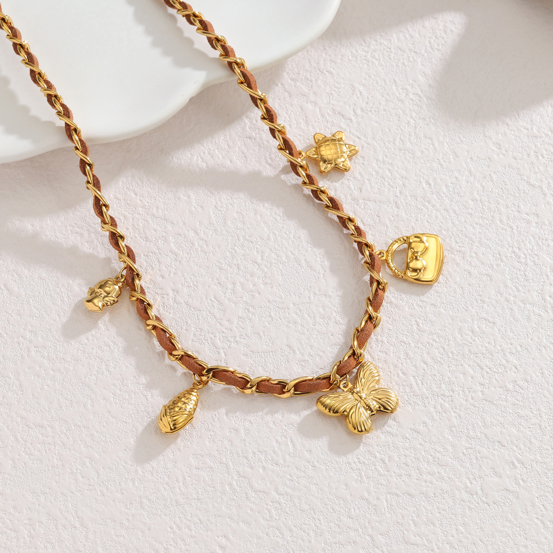 18K Gold Multi-Element Pendant Stainless Steel Women's Sweater Chain Necklace Autumn Winter Style
