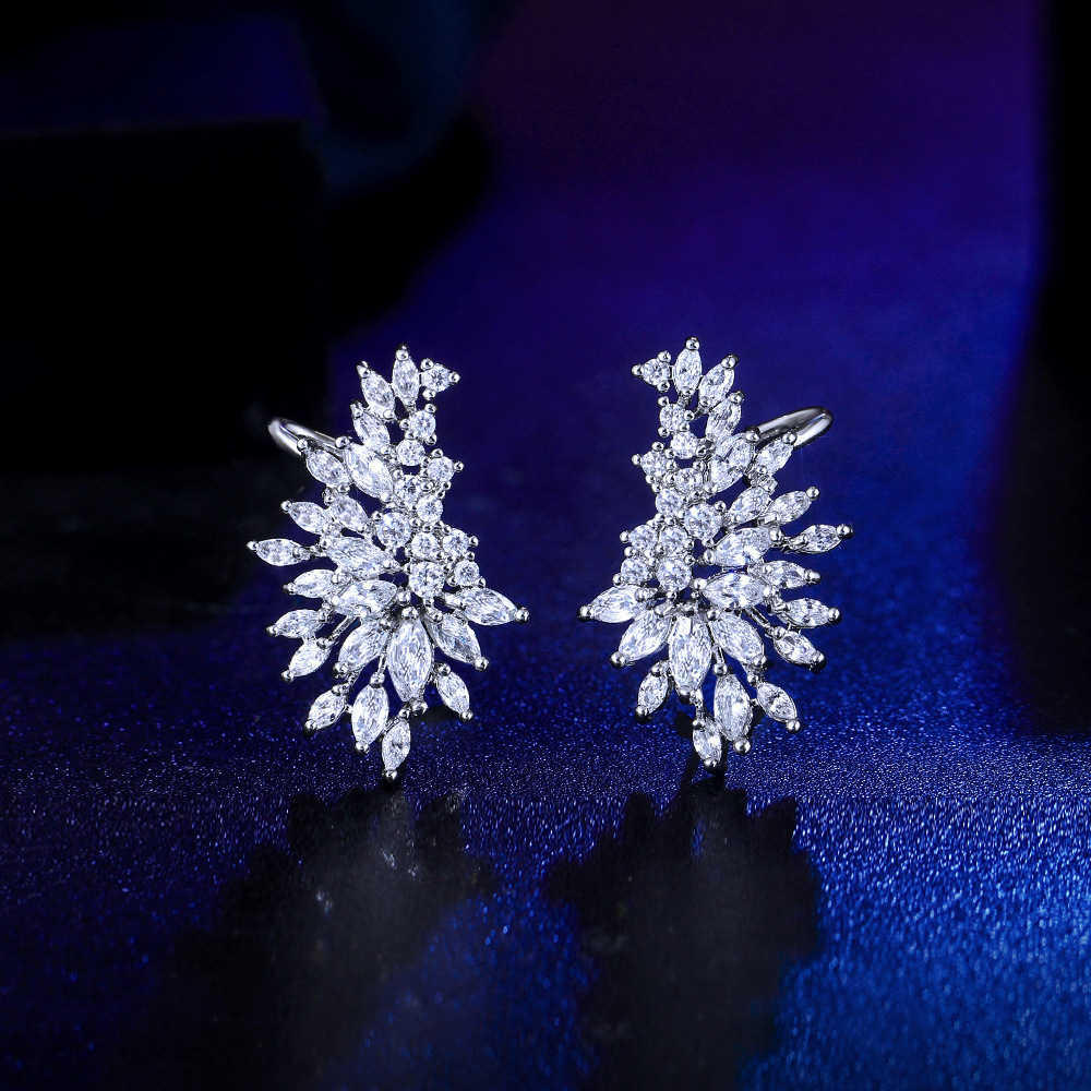 Graceful Angel Wing Shape Earrings For Women Full Zircon Rhombus Ear Clips Pair Copper Water Plated Rhodium Jewelry Accessories