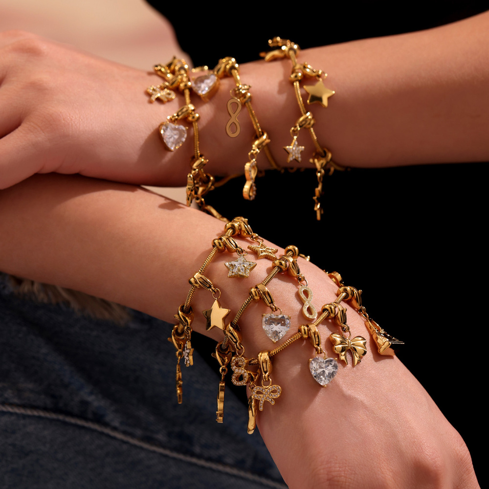 Full Drill 5A Zircon Heart Shaped Butterfly Knot High Heel Shoe Charms Stainless Steel 18K Gold Plated DIY Bracelet Accessories